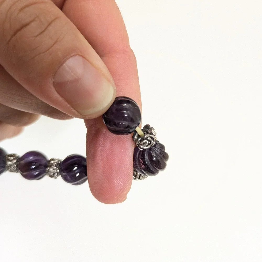 Carved Purple Melon Bead Stretch Bracelet Silver Tone Rose Floral Gemstone Boho